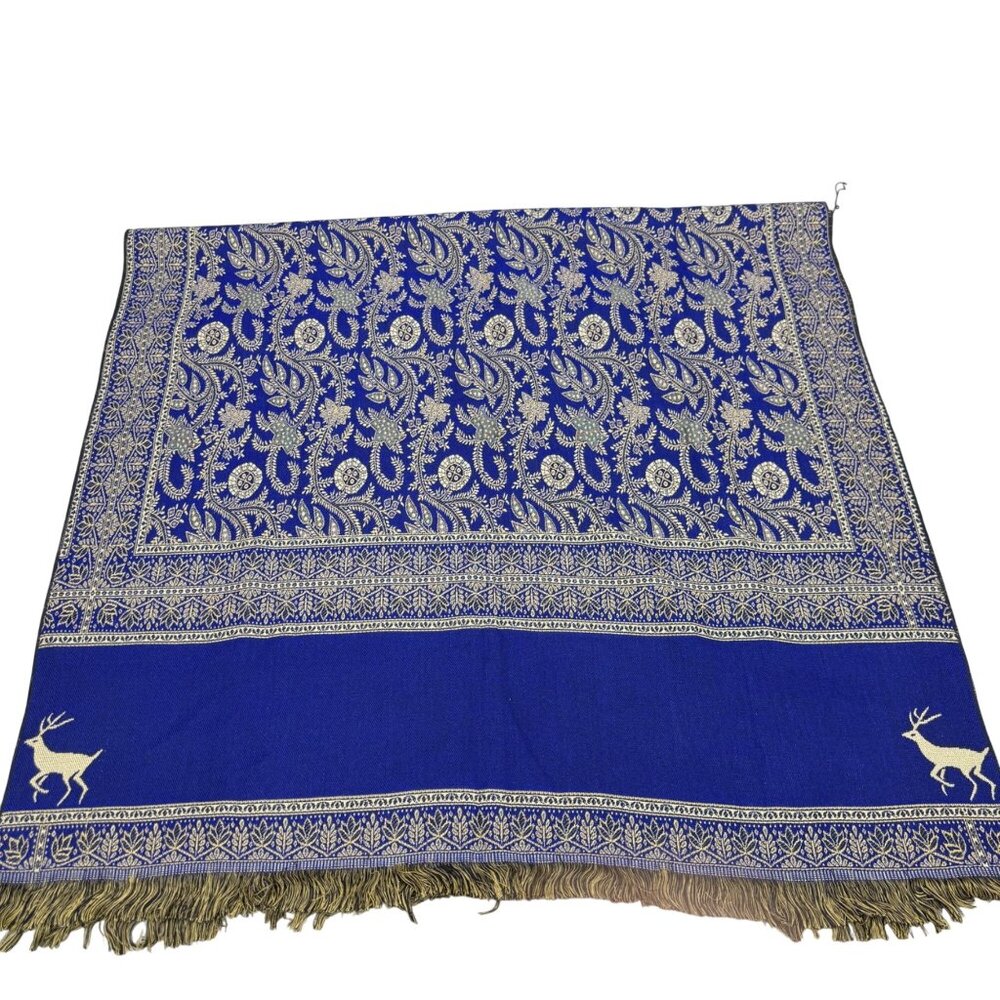 Abu Gazala Egyptian Blue Throw Shawl Or Wall Hanging Deer & Floral Fringe Trim - Picture 1 of 6